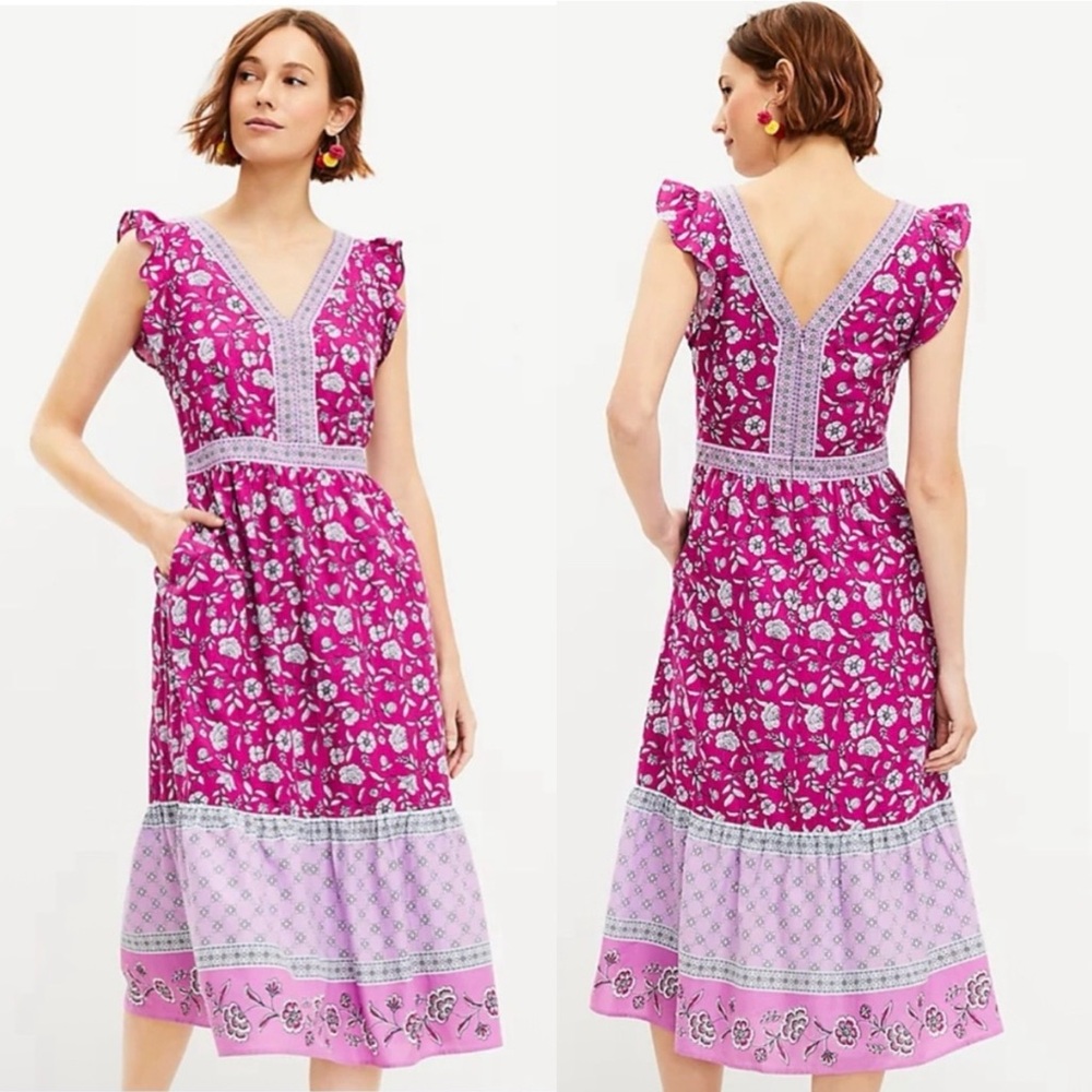 LOFT Magenta Pink Floral Midi Ruffle Dress